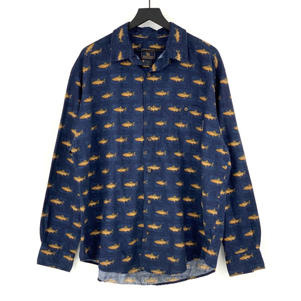 WOOLRICH Trout Long Sleeve Casual Button Down Navy Yellow XL